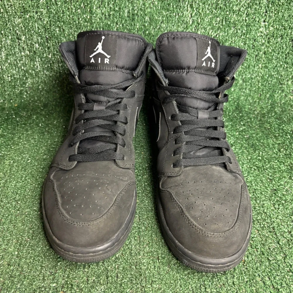 Jordan 1 Mid Nubuck Leather Athletic Basketball Sneaker Triple Black Mens Sz 14